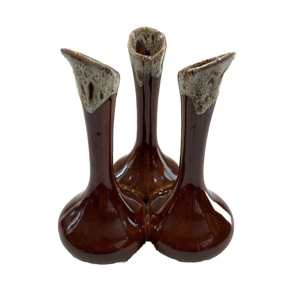 Vintage Van Briggle Pottery Triple Bud‎ Vase in Brown with White Drip Glaze